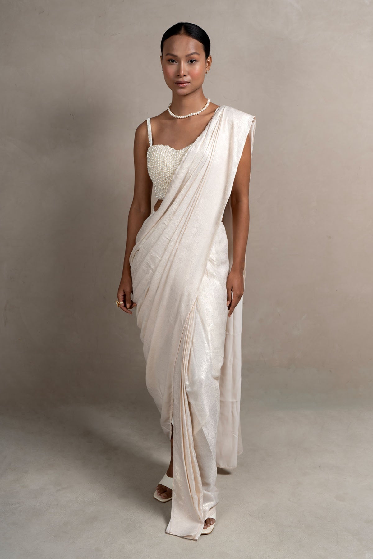 Buy White Pre Draped Saree Set For Women by SewSutra Available online at ScrollnShops